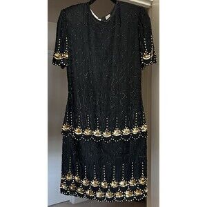 Laurence Kazer Black Beaded Gala Cocktail Dress 1980s Vintage Size M PM Formal